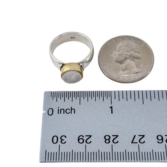 Rainbow Moonstone Gold Accent Bezel Ring | Sterling Silver 925 | Size 6 - Picture 10 of 15